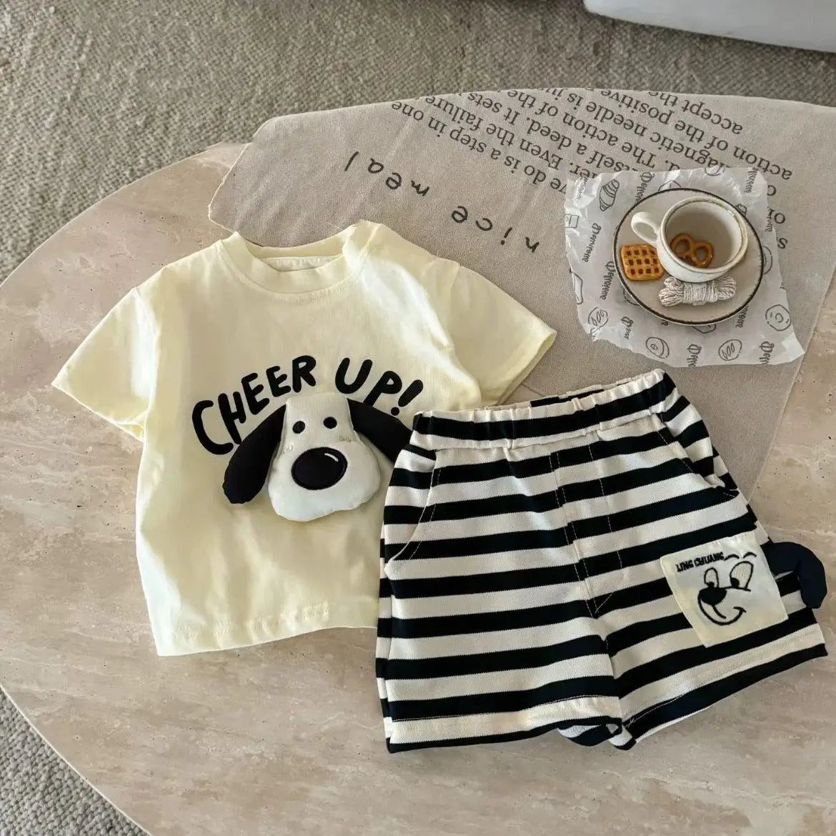 Beige / 9-12M 3D Puppy T-Shirt & Striped Shorts Set