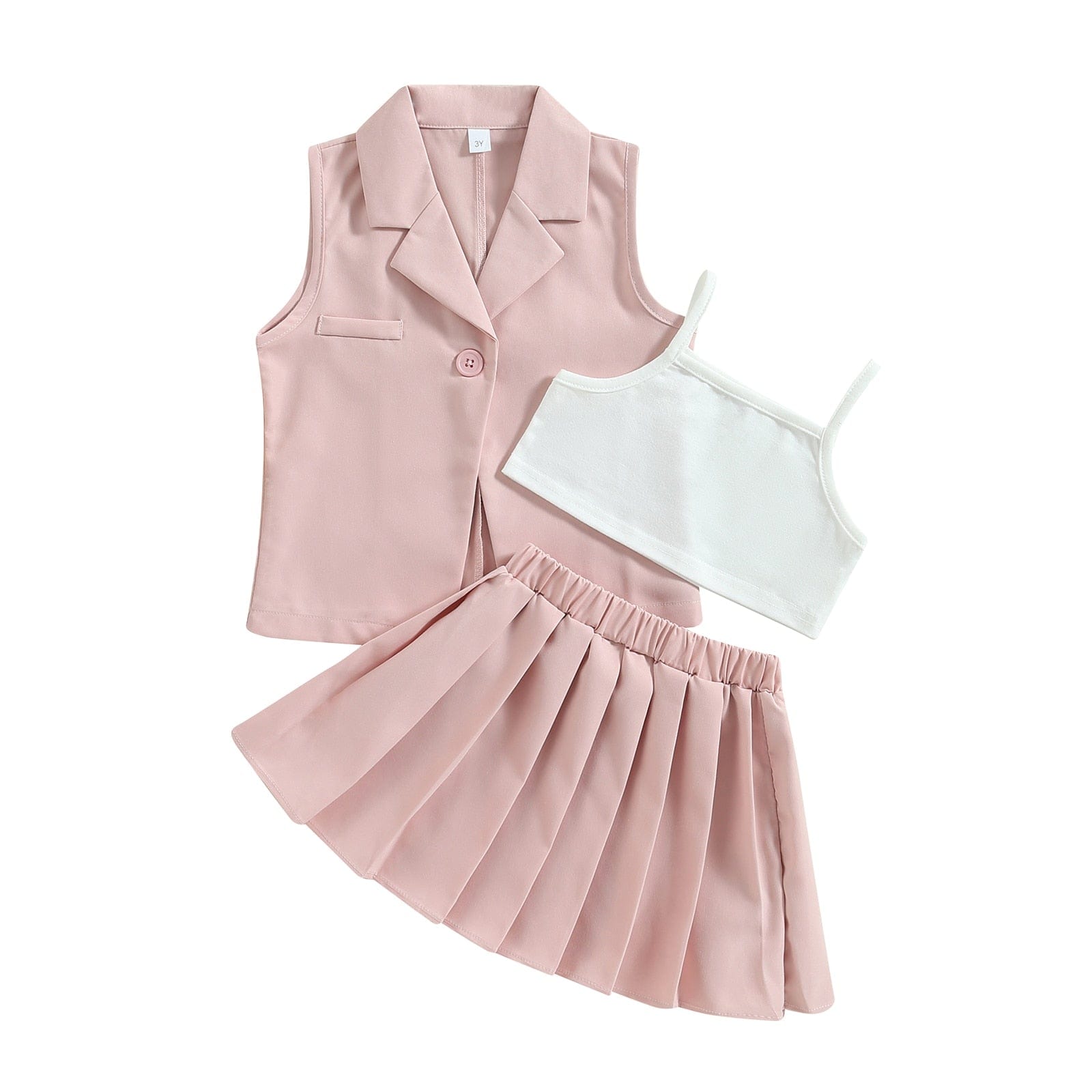 Pink / 3T 3pcs Solid Camisole Elastic Pleated Skirt