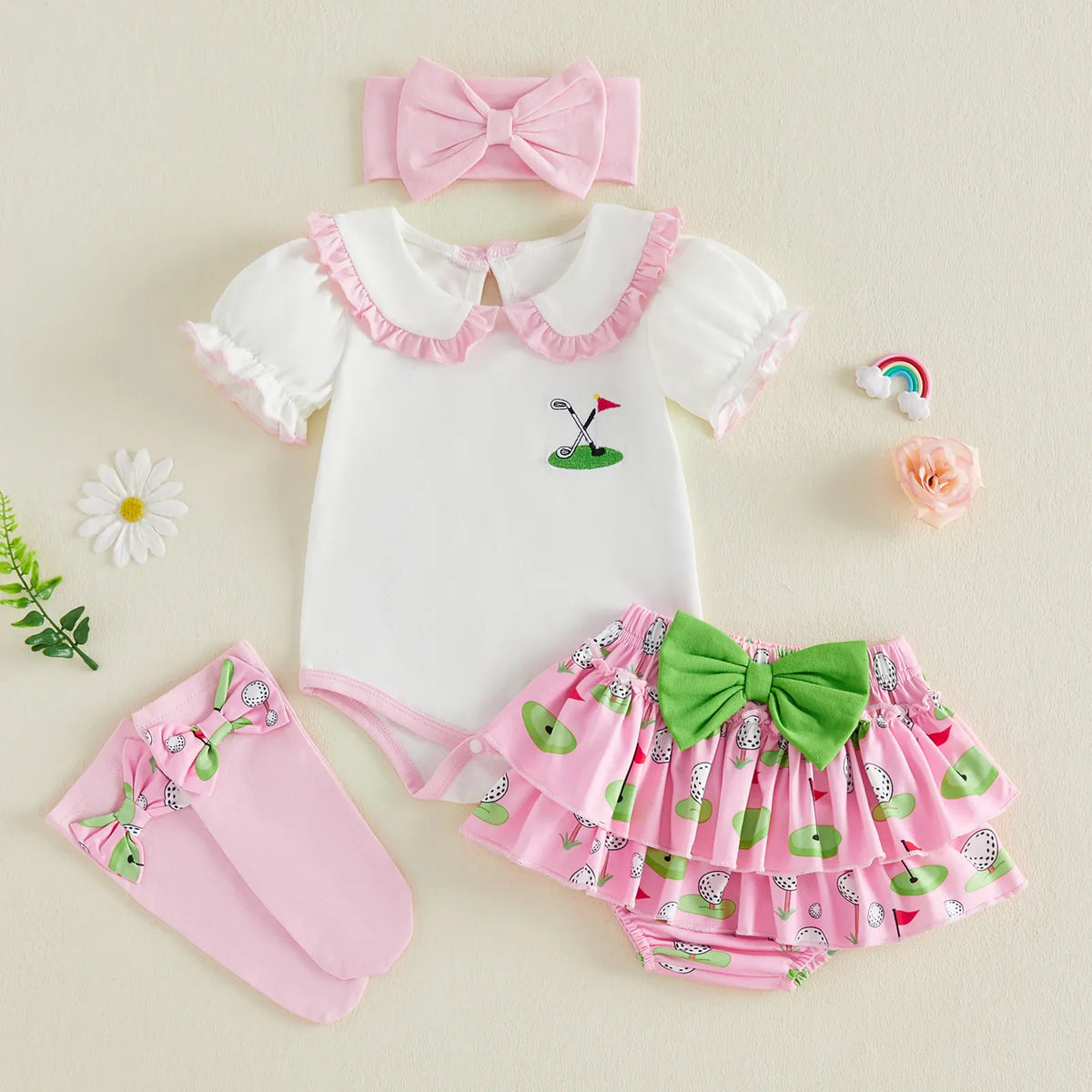 4-Piece Golf Print Romper & Shorts Set