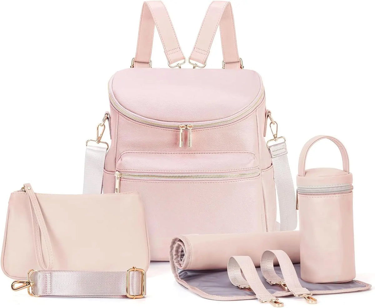 Pink 5-in-1 Leather Diaper Backpack Set for Stylish Moms