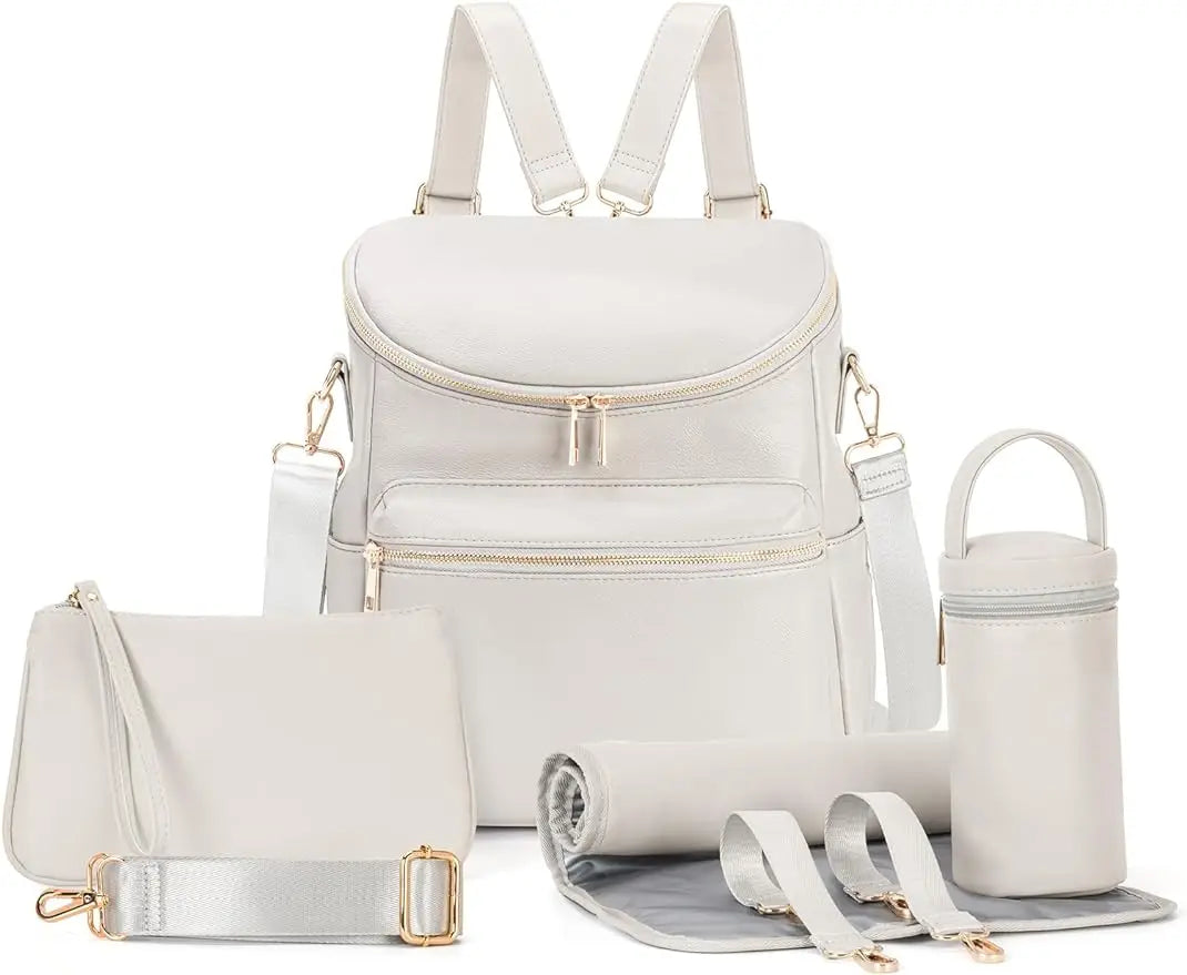 White 5-in-1 Leather Diaper Backpack Set for Stylish Moms