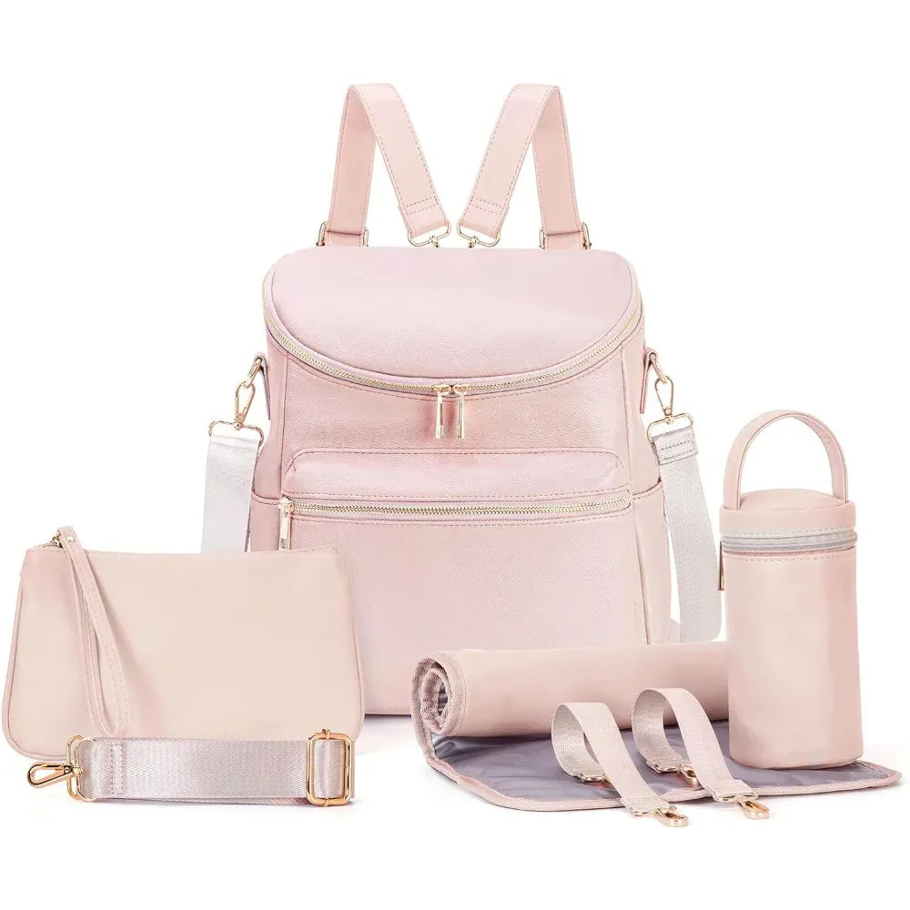 cute leather diaper bag backpack 5-in-1 Leather Diaper Backpack Set for Stylish Moms
