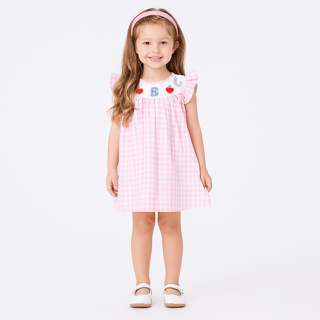ABC Apple Embroidery Plaid Dress