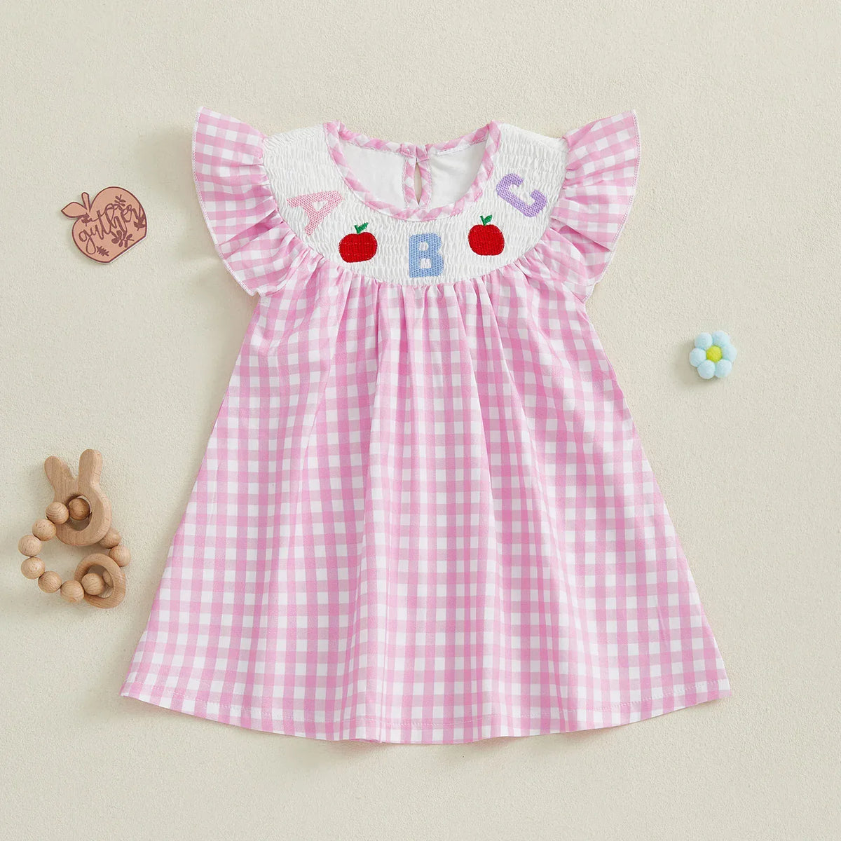 ABC Apple Embroidery Plaid Dress
