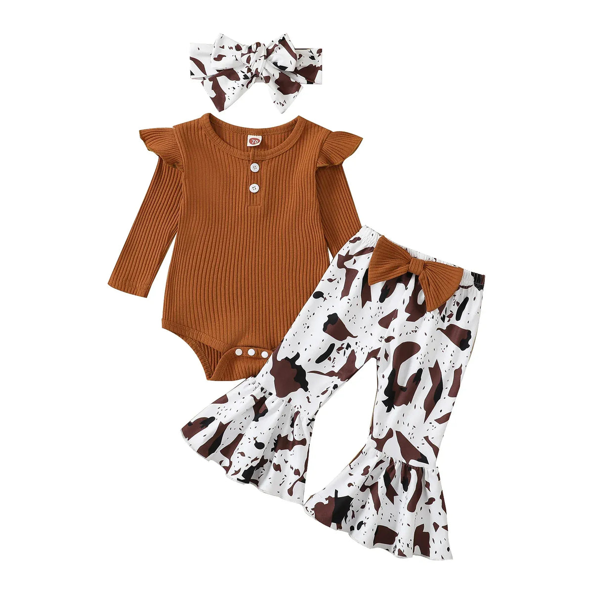 Brown Feather Print Suspender Set / 3M Animal Print Flare Pants Outfit for Baby Girls