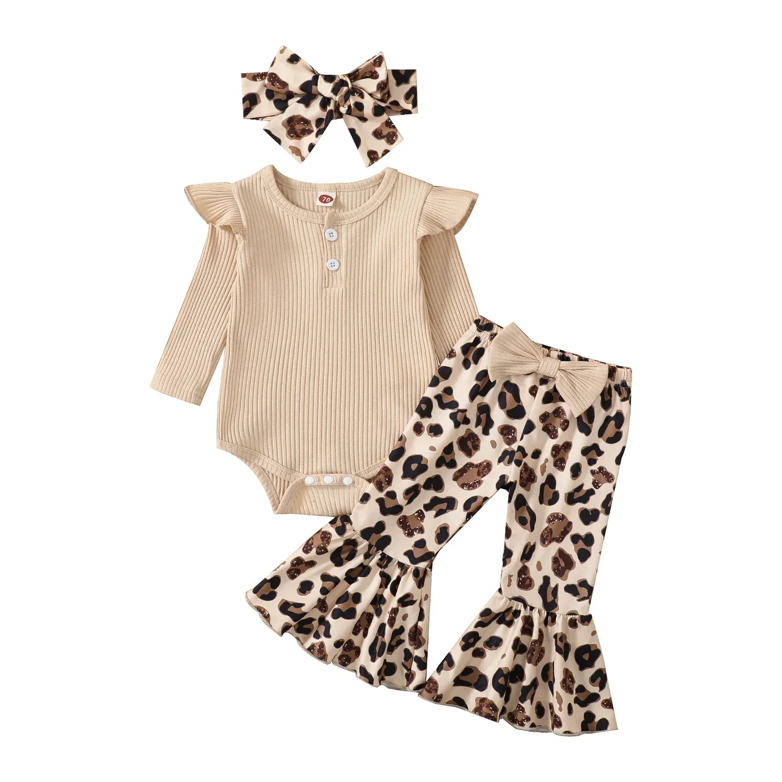 Beige Leopard Suspender Set / 3M Animal Print Flare Pants Outfit for Baby Girls
