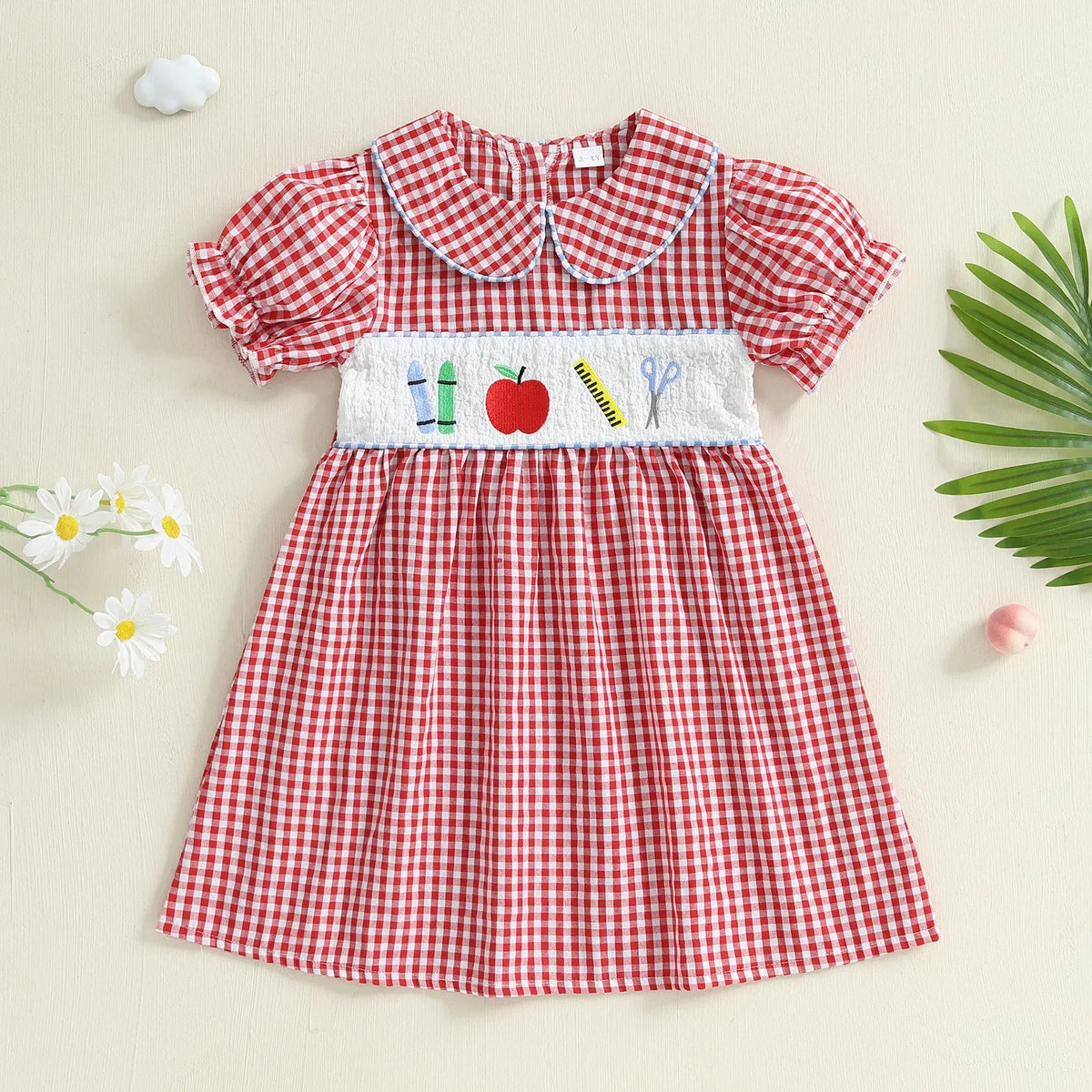 Apple Embroidery Plaid Dress