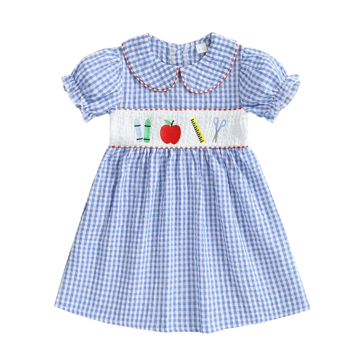 Blue / 2-3T Apple Embroidery Plaid Dress