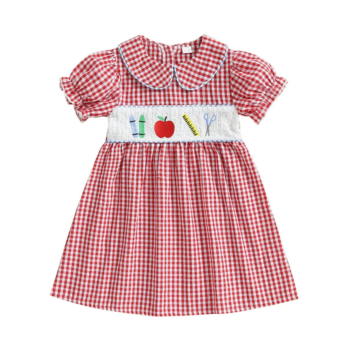 Red / 2-3T Apple Embroidery Plaid Dress