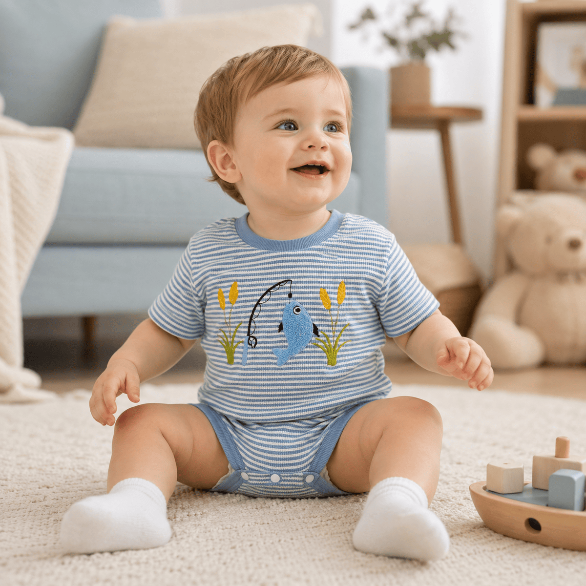 Baby Boy Fish Embroidery Striped Waffle Knit Bodysuit 0–18M