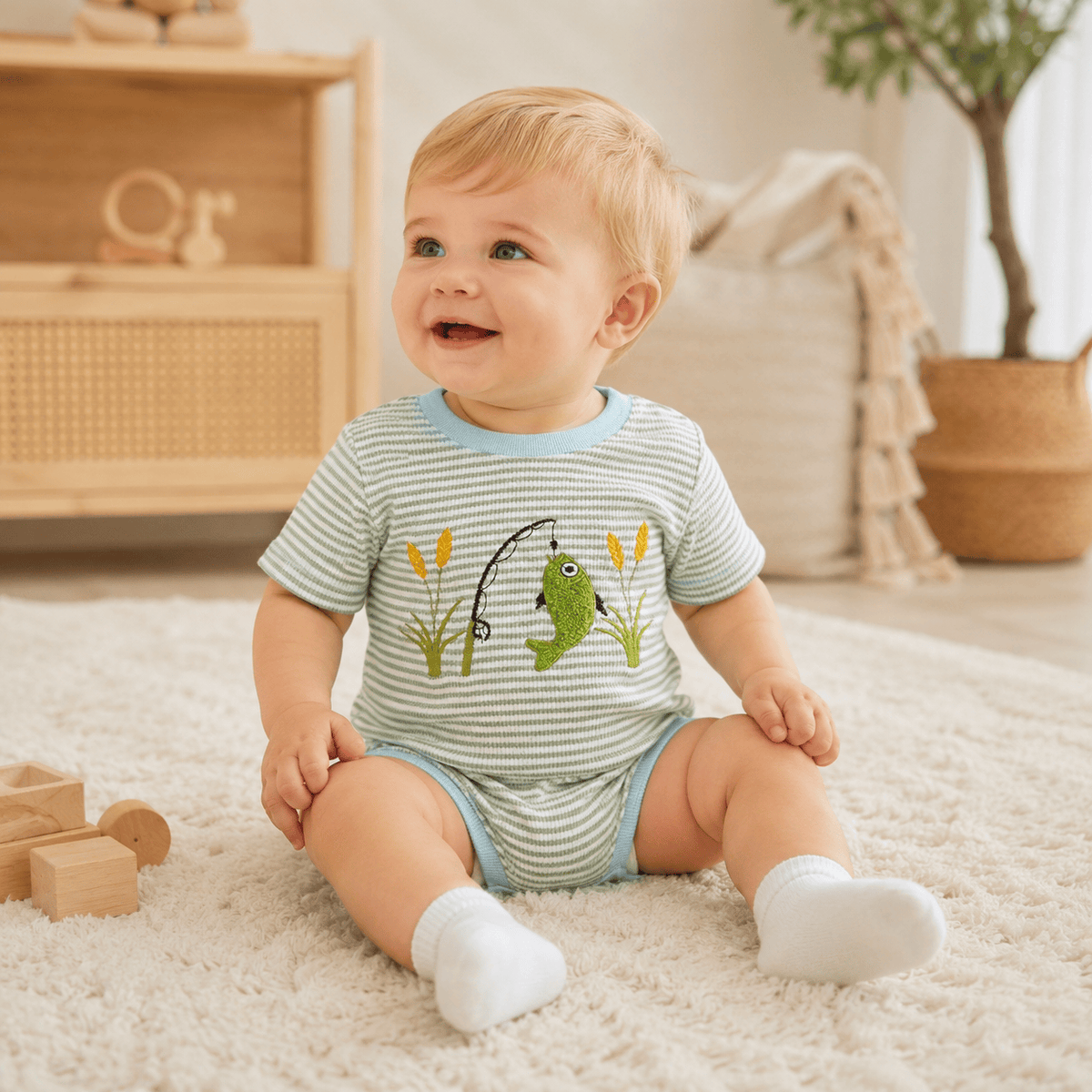 Baby Boy Fish Embroidery Striped Waffle Knit Bodysuit 0–18M