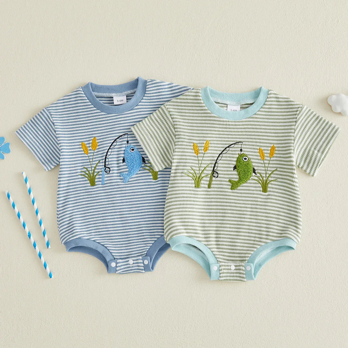 Baby Boy Fish Embroidery Striped Waffle Knit Bodysuit 0–18M