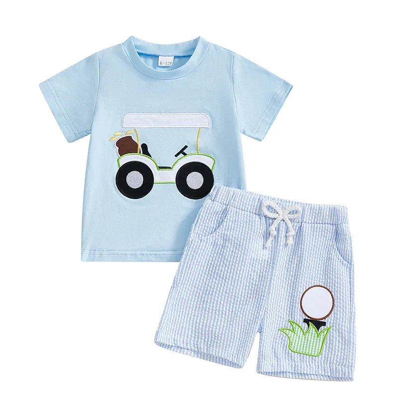Blue / 6-12M Baby Boy Golf Shirt and Plaid Shorts Set