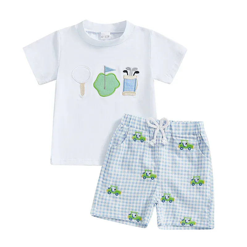 White / 6-12M Baby Boy Golf Shirt and Plaid Shorts Set