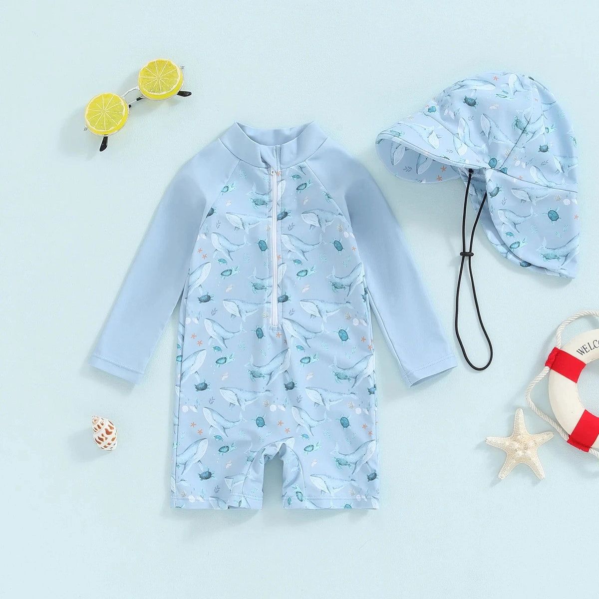 Blue / 0-3M Baby Boy Rash Guard Swimsuit Set with Hat