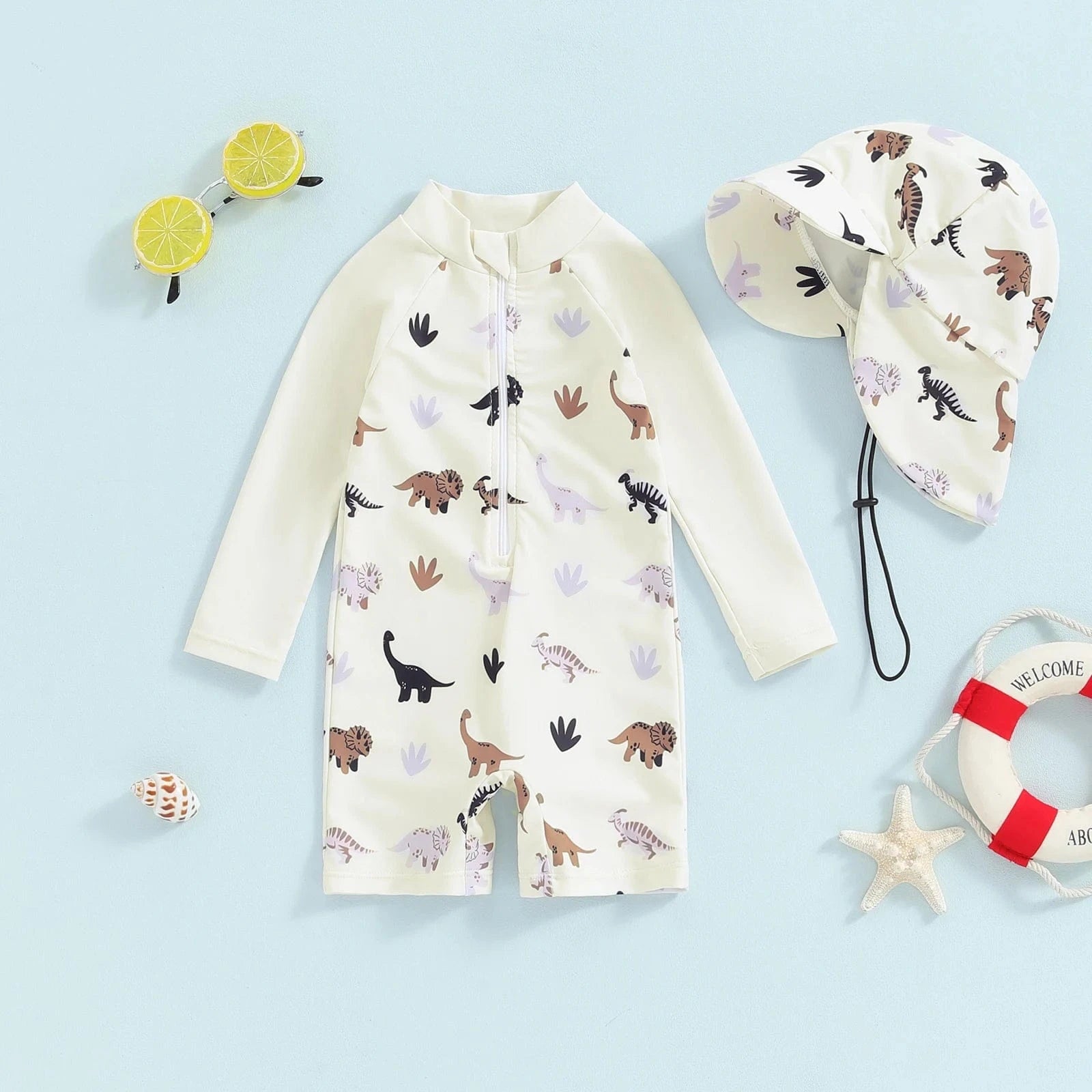 Khaki / 0-3M Baby Boy Rash Guard Swimsuit Set with Hat