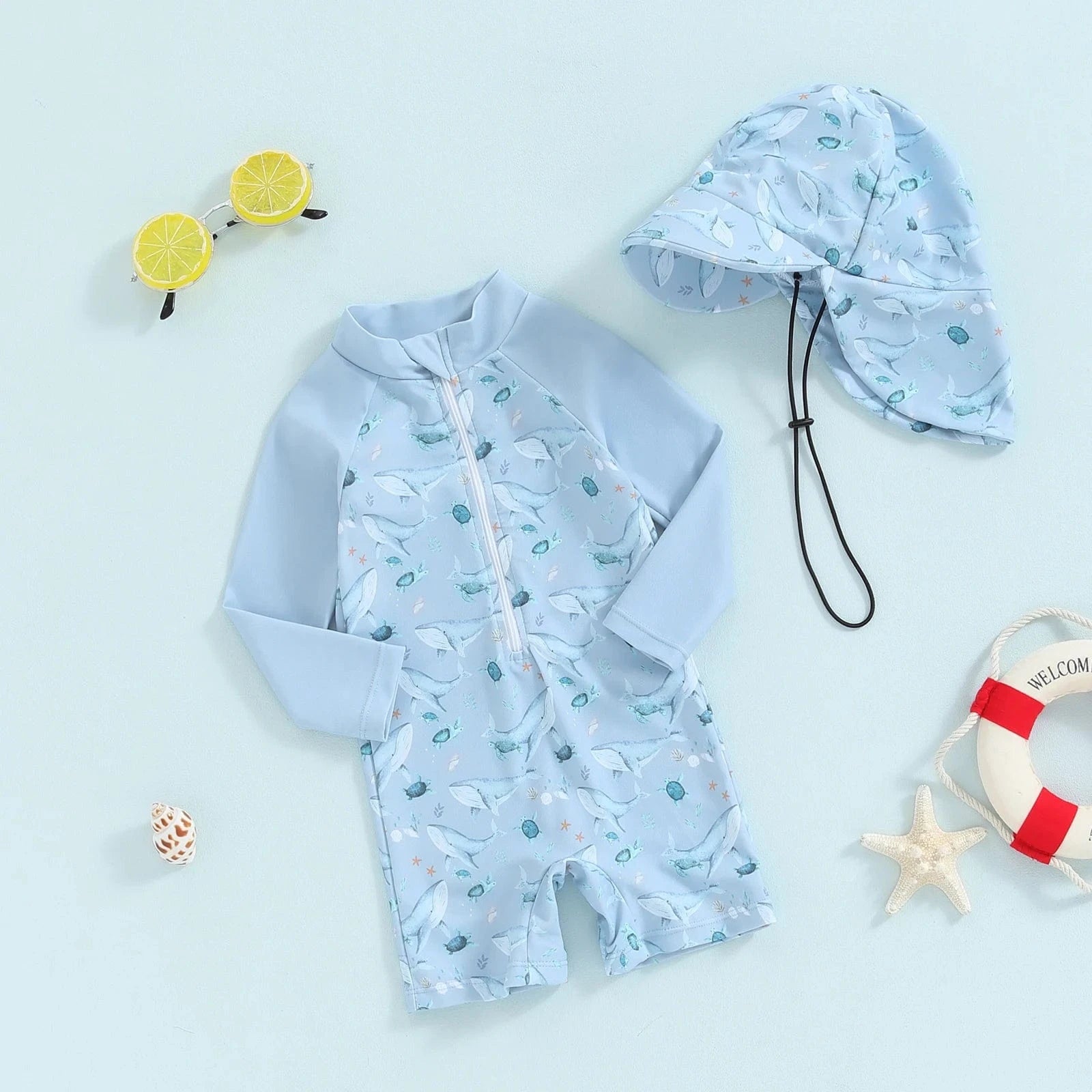 Baby Boy Rash Guard Swimsuit Set with Hat