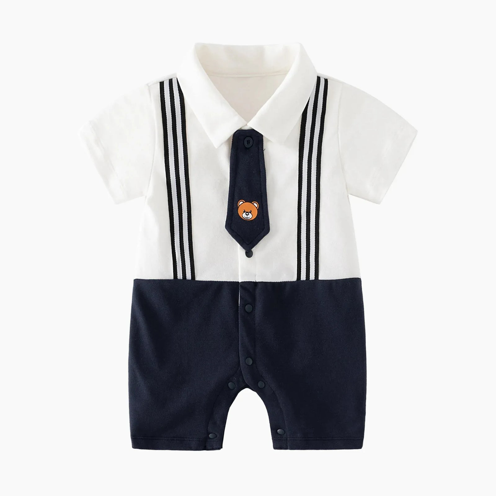 White and Navy Blue / 3M Baby Boy's Little Gentleman Romper with Tie