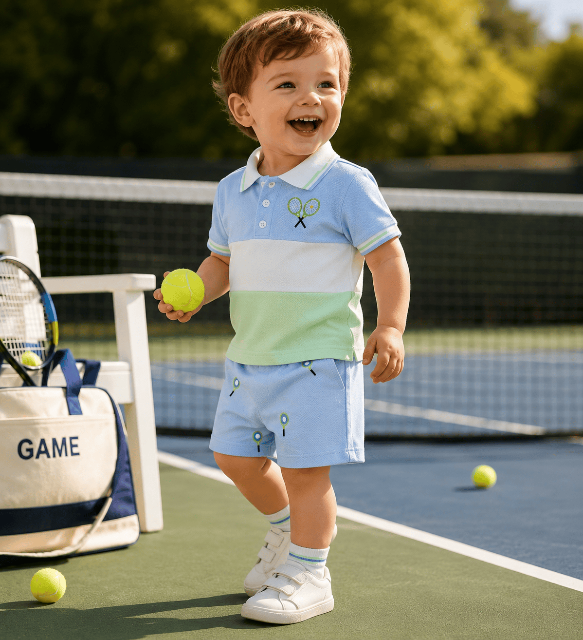 Baby Boy Tennis Ball Pattern Polo T-Shirt & Elastic Shorts 2-Piece Summer Set