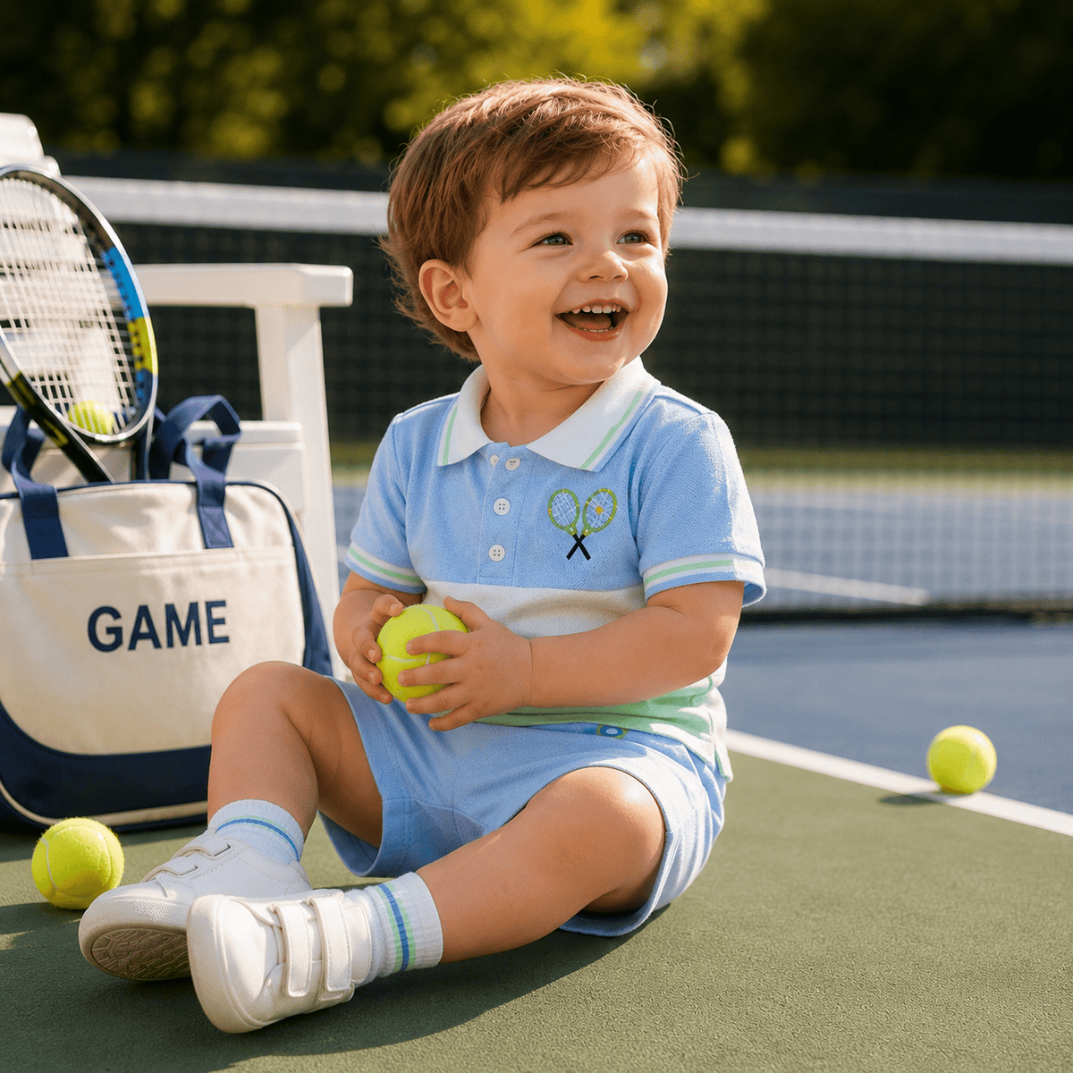 Baby Boy Tennis Ball Pattern Polo T-Shirt & Elastic Shorts 2-Piece Summer Set