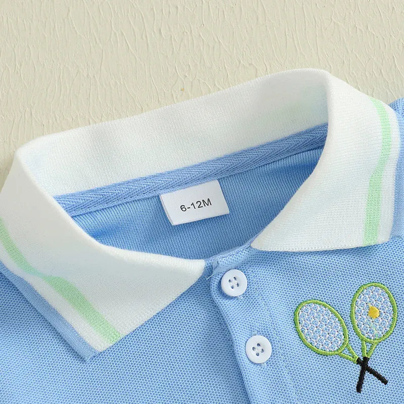 Baby Boy Tennis Ball Pattern Polo T-Shirt & Elastic Shorts 2-Piece Summer Set