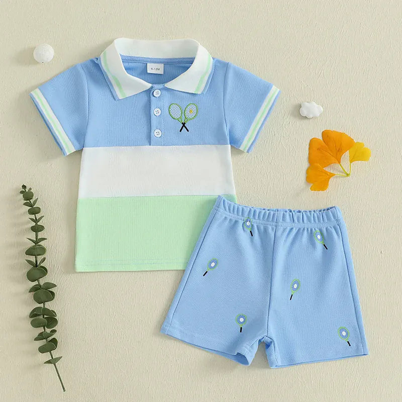 Baby Boy Tennis Ball Pattern Polo T-Shirt & Elastic Shorts 2-Piece Summer Set