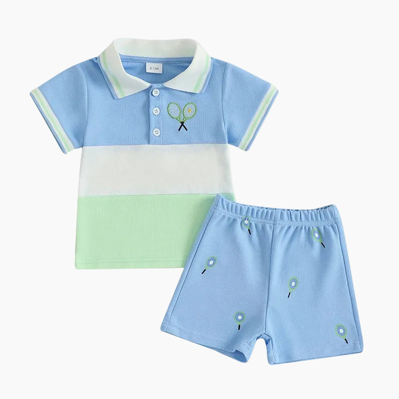 Blue / 6-12M Baby Boy Tennis Ball Pattern Polo T-Shirt & Elastic Shorts 2-Piece Summer Set