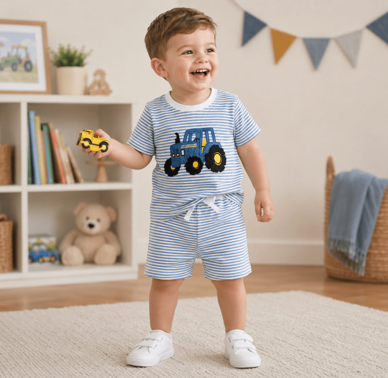 Baby Boy Vehicle Embroidery Waffle Stripe T-Shirt & Elastic Shorts 2-Piece Summer Set
