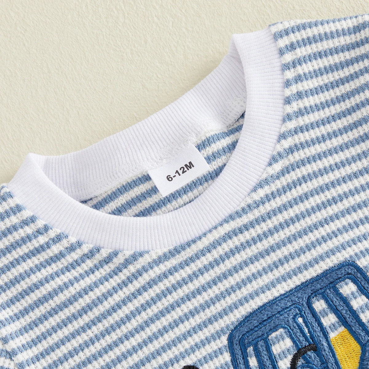 Baby Boy Vehicle Embroidery Waffle Stripe T-Shirt & Elastic Shorts 2-Piece Summer Set