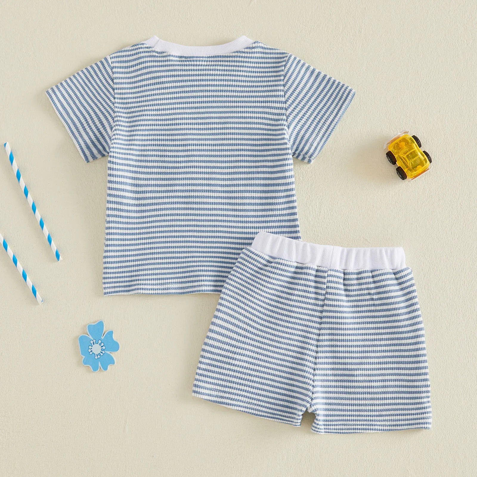 Baby Boy Vehicle Embroidery Waffle Stripe T-Shirt & Elastic Shorts 2-Piece Summer Set