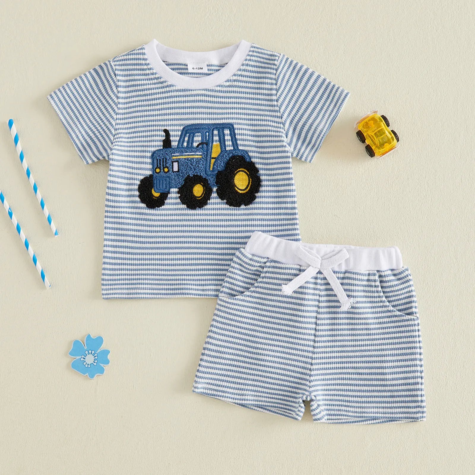6-12M Baby Boy Vehicle Embroidery Waffle Stripe T-Shirt & Elastic Shorts 2-Piece Summer Set
