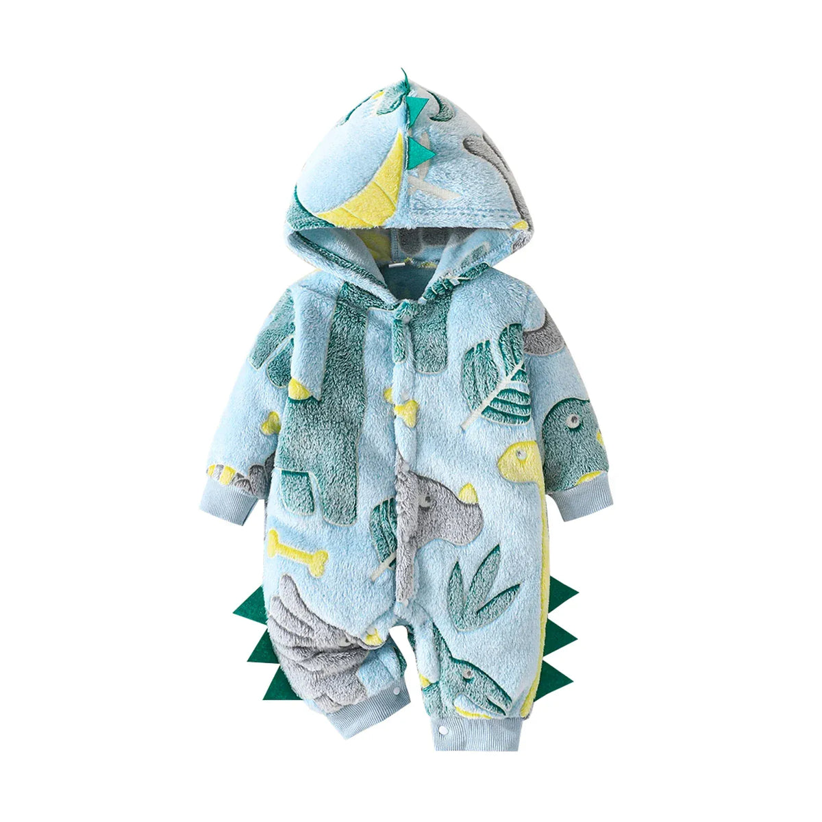 Mint Green &amp; Yellow / 0-3M Baby Dinosaur Fleece Romper