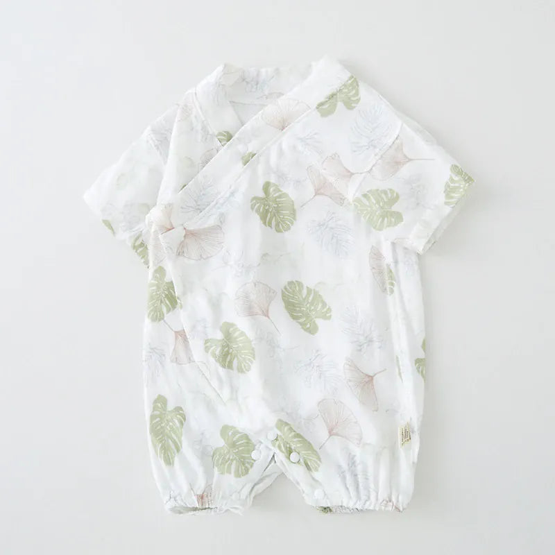 Tropical Leaf / 0-3M Baby Double Layer Muslin Kimono Onesie