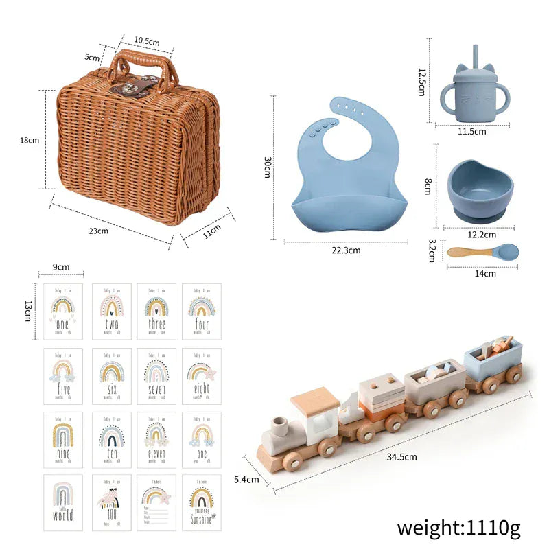 Blue Baby Gift Set with Montessori Toy and Silicone Feeding Set