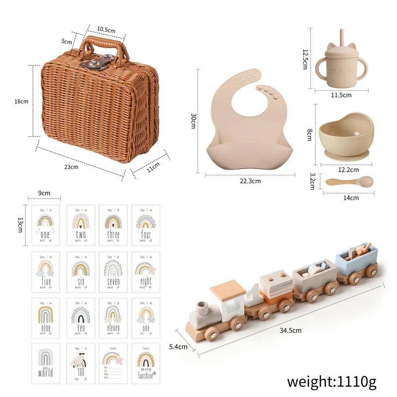 Blush Pink Baby Gift Set with Montessori Toy and Silicone Feeding Set