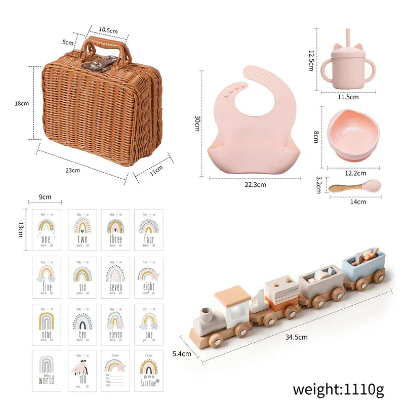 Pink Baby Gift Set with Montessori Toy and Silicone Feeding Set