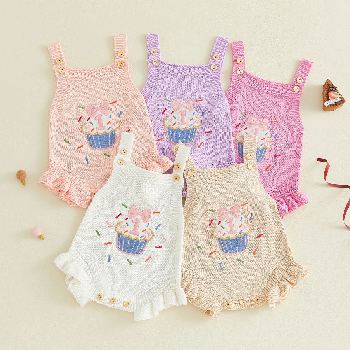 Baby Girl 1st Birthday Knit Bodysuit Embroidery Cupcake 6–18M
