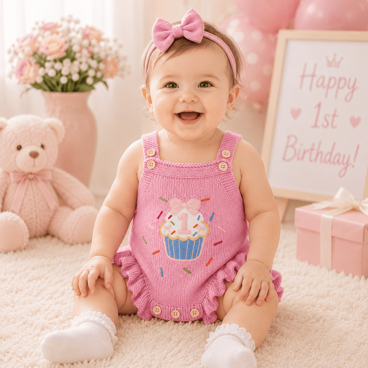 Baby Girl 1st Birthday Knit Bodysuit Embroidery Cupcake 6–18M