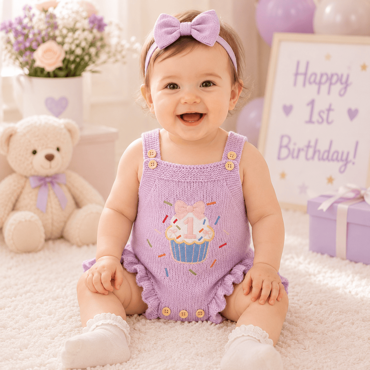Baby Girl 1st Birthday Knit Bodysuit Embroidery Cupcake 6–18M