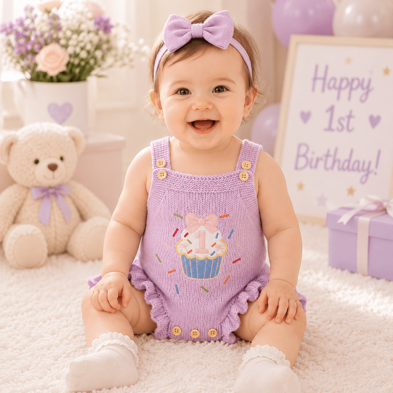Baby Girl 1st Birthday Knit Bodysuit Embroidery Cupcake 6–18M