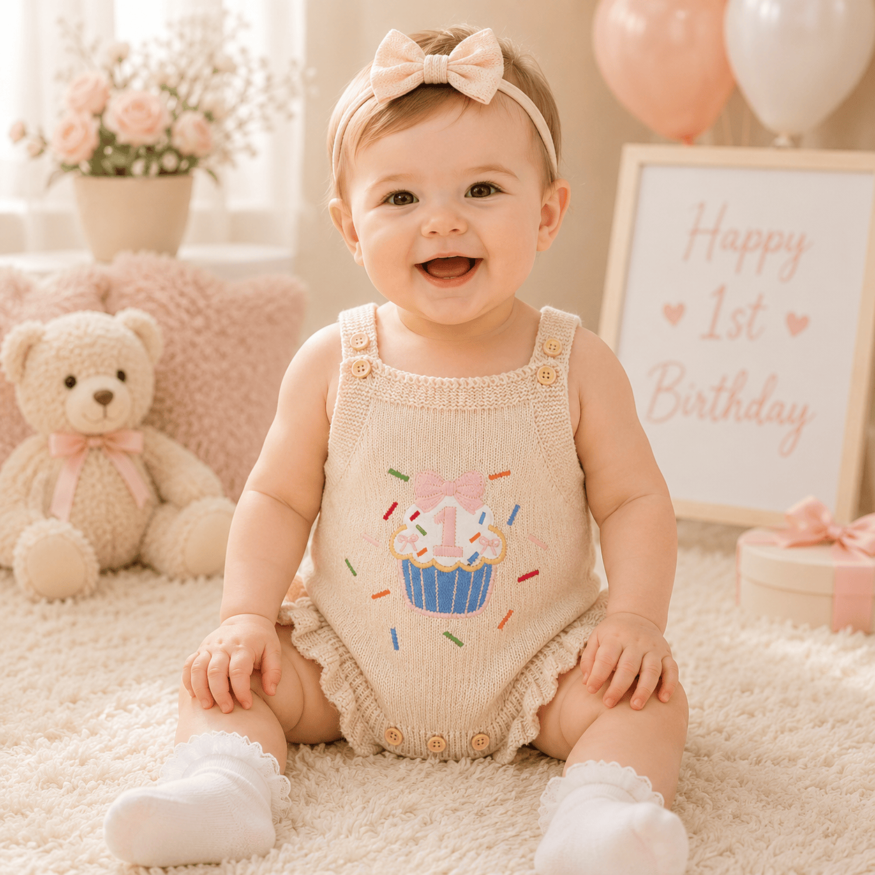 Baby Girl 1st Birthday Knit Bodysuit Embroidery Cupcake 6–18M
