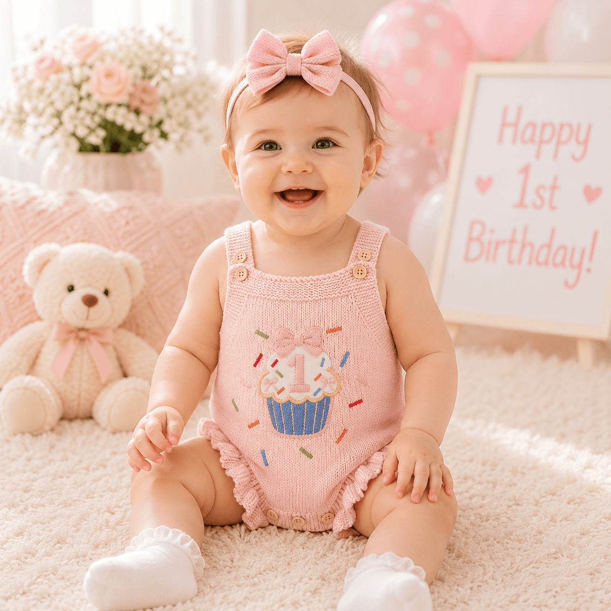 Baby Girl 1st Birthday Knit Bodysuit Embroidery Cupcake 6–18M