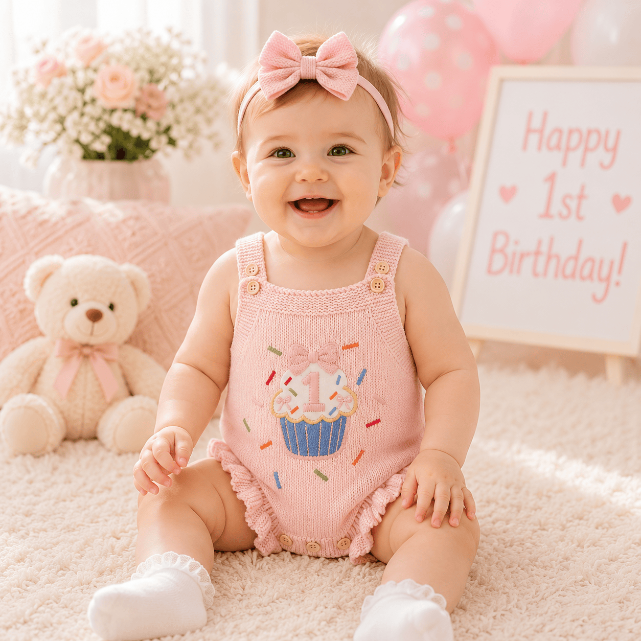 Baby Girl 1st Birthday Knit Bodysuit Embroidery Cupcake 6–18M