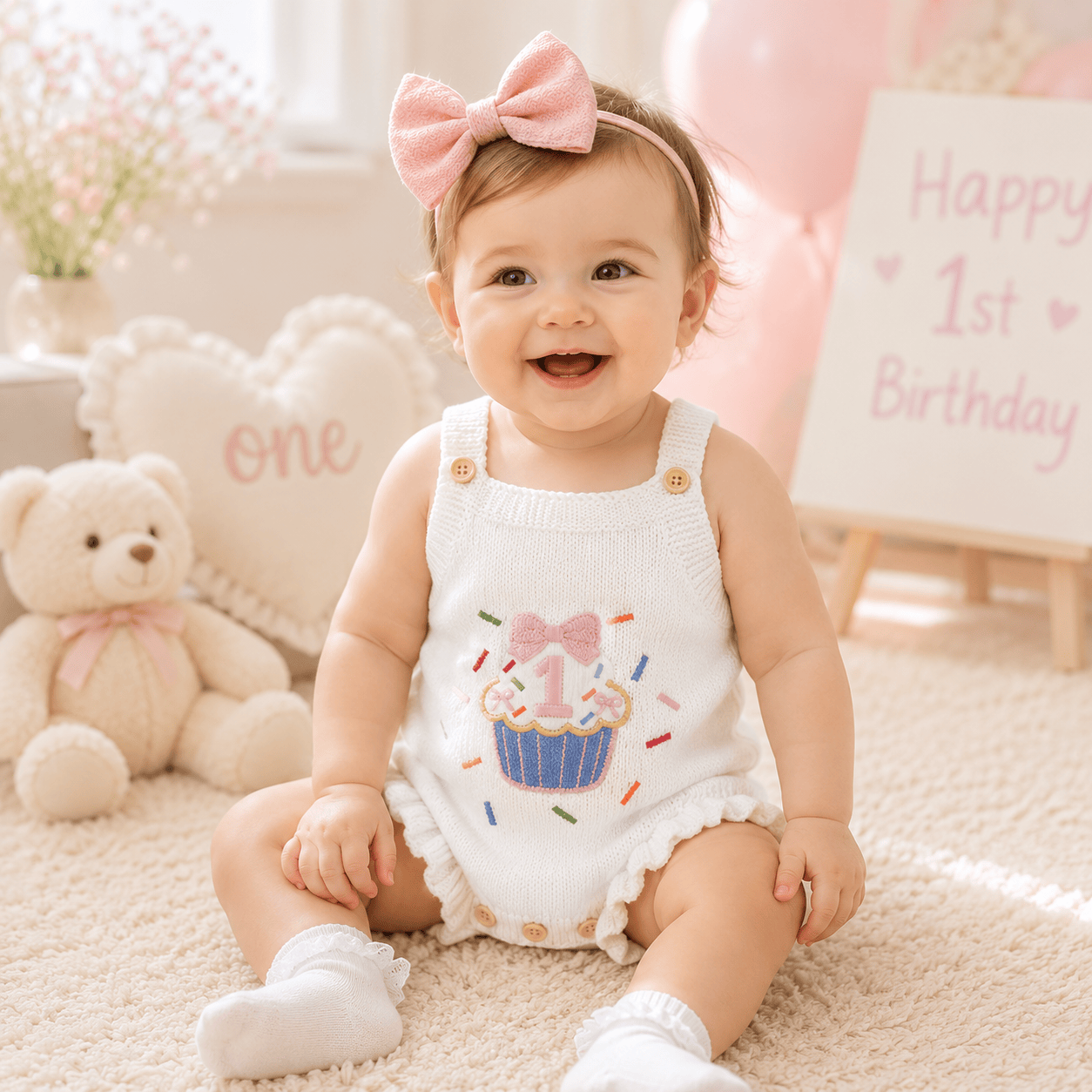 Baby Girl 1st Birthday Knit Bodysuit Embroidery Cupcake 6–18M