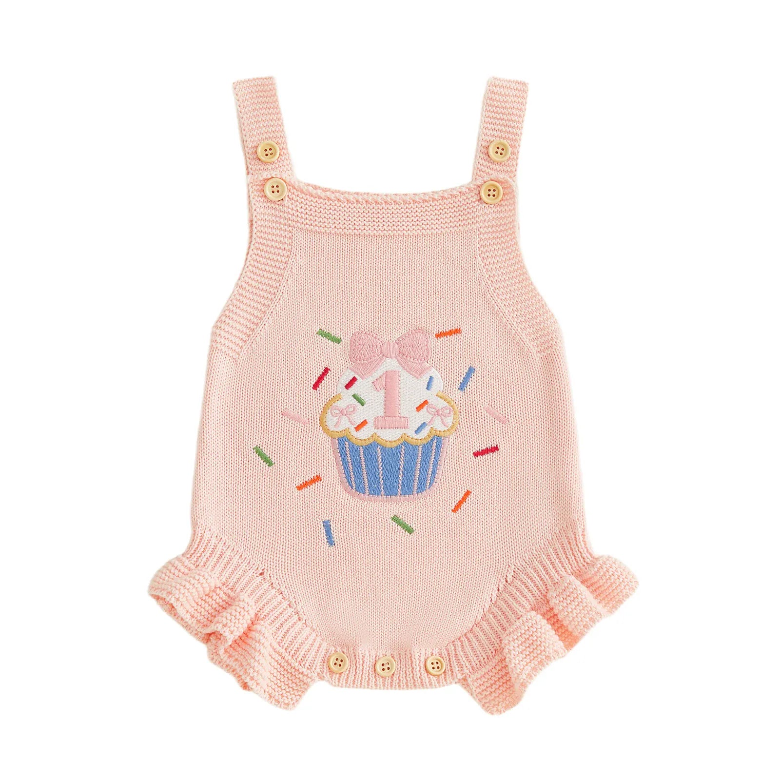 Blush Pink / 6-12M Baby Girl 1st Birthday Knit Bodysuit Embroidery Cupcake 6–18M
