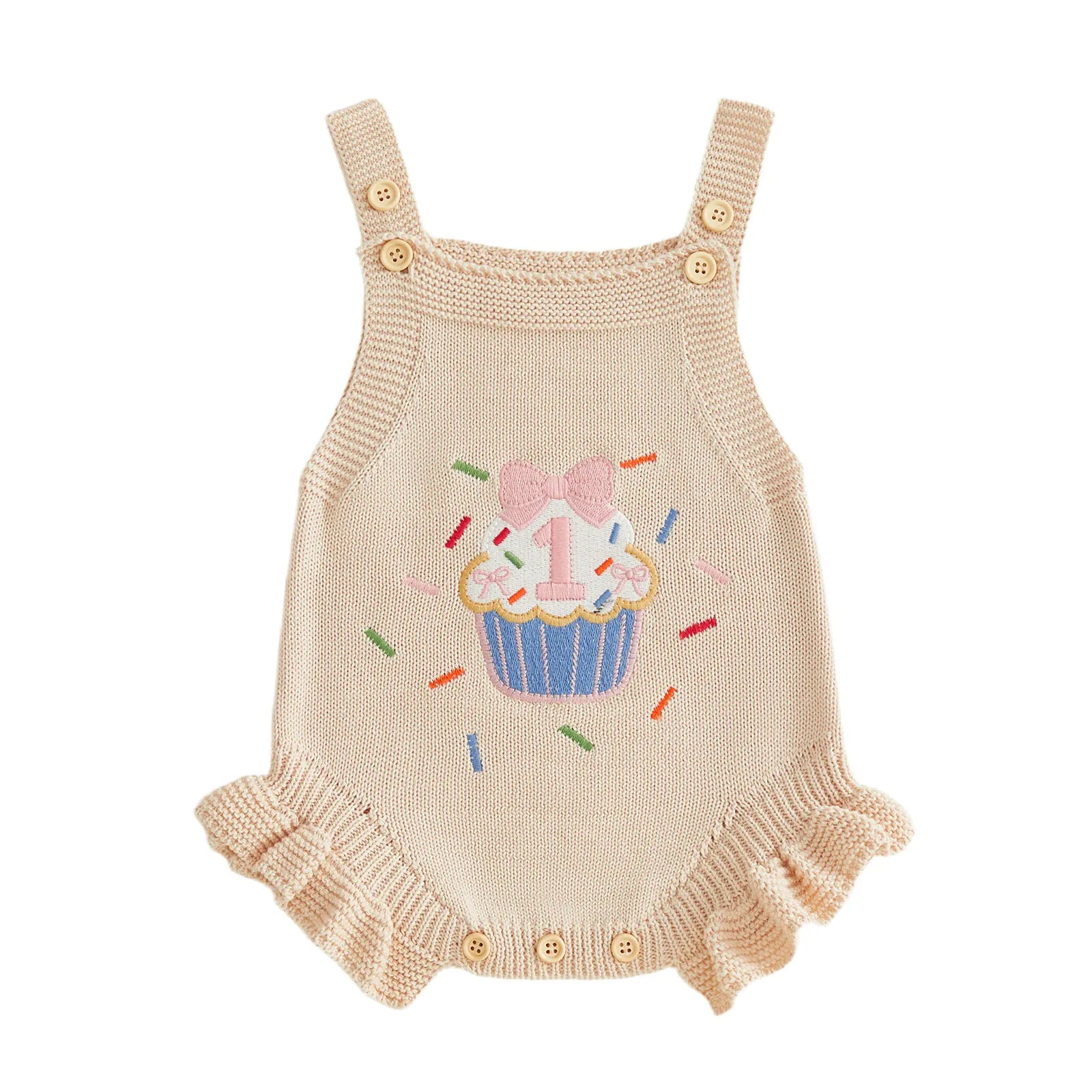Beige / 6-12M Baby Girl 1st Birthday Knit Bodysuit Embroidery Cupcake 6–18M