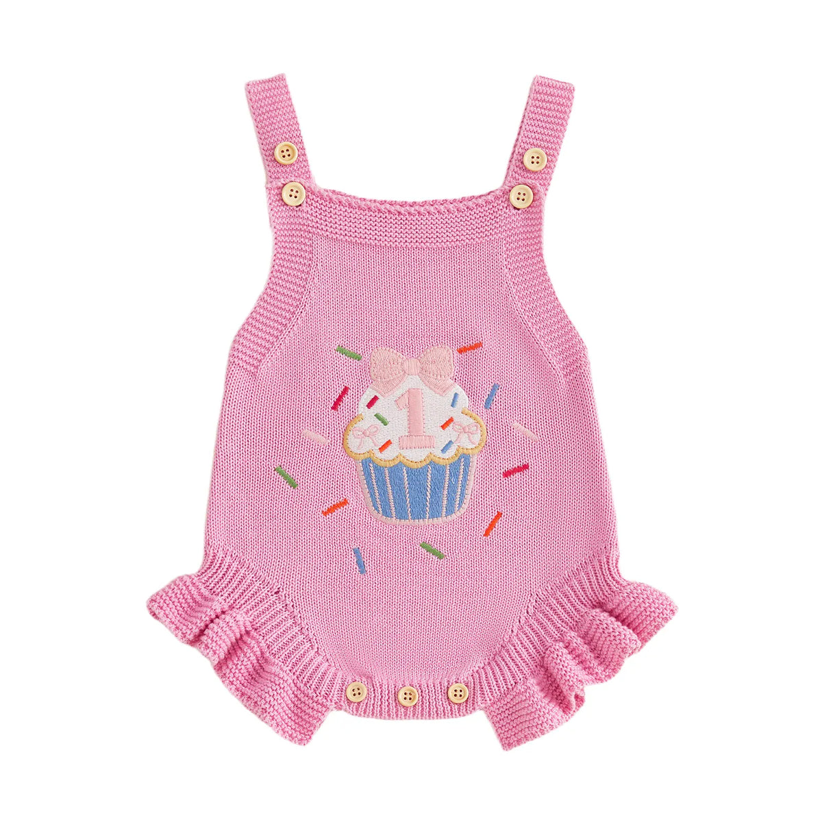 Rose Pink / 6-12M Baby Girl 1st Birthday Knit Bodysuit Embroidery Cupcake 6–18M