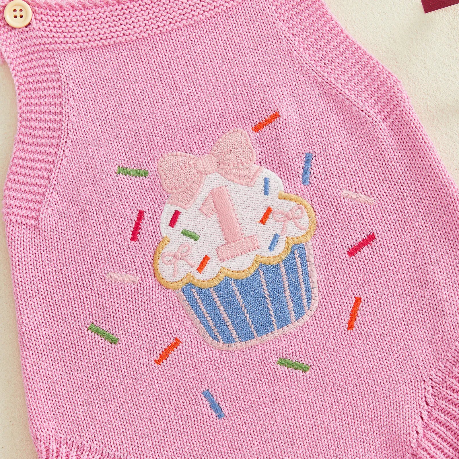 Baby Girl 1st Birthday Knit Bodysuit Embroidery Cupcake 6–18M