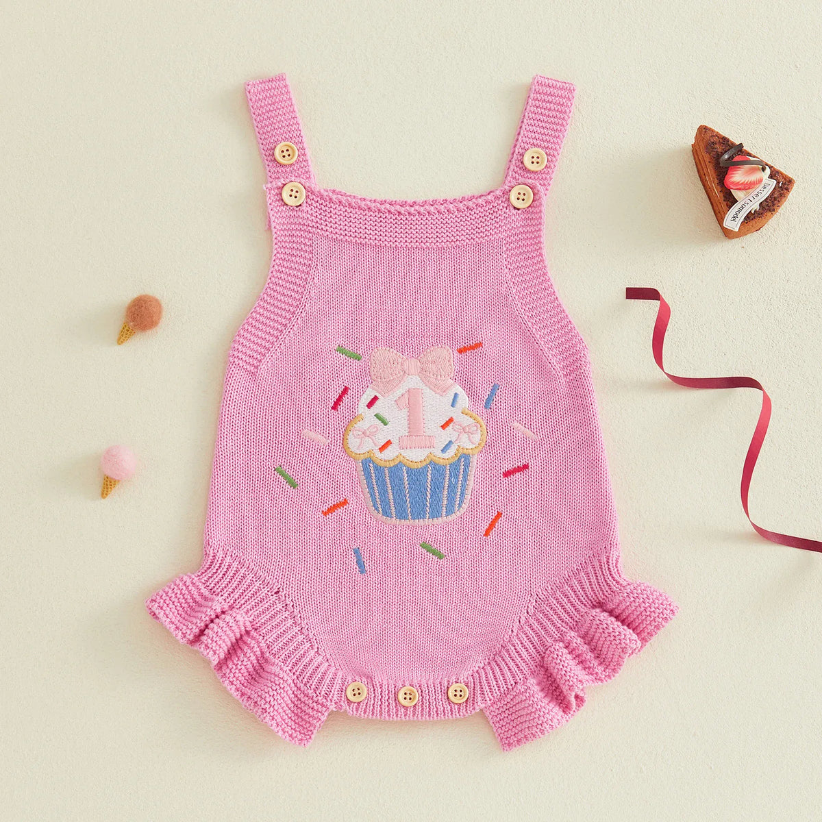 Baby Girl 1st Birthday Knit Bodysuit Embroidery Cupcake 6–18M