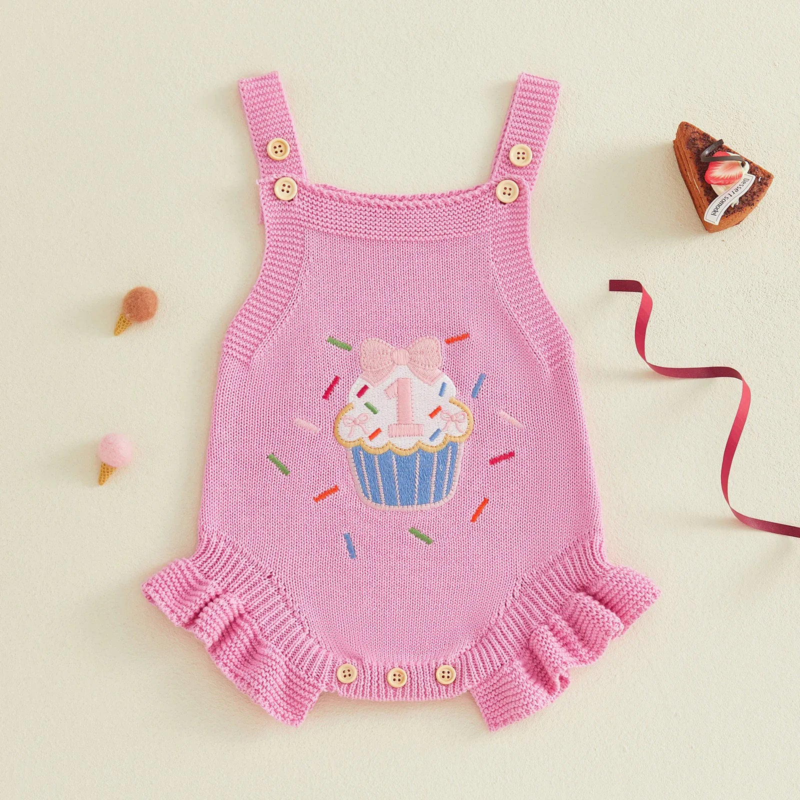 Baby Girl 1st Birthday Knit Bodysuit Embroidery Cupcake 6–18M